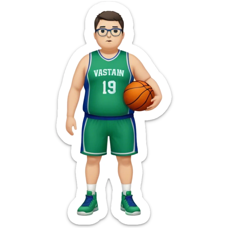 Full Body overweight white male with dark short spike hair basketball player wearing glasses wearing blue green uniform sticker