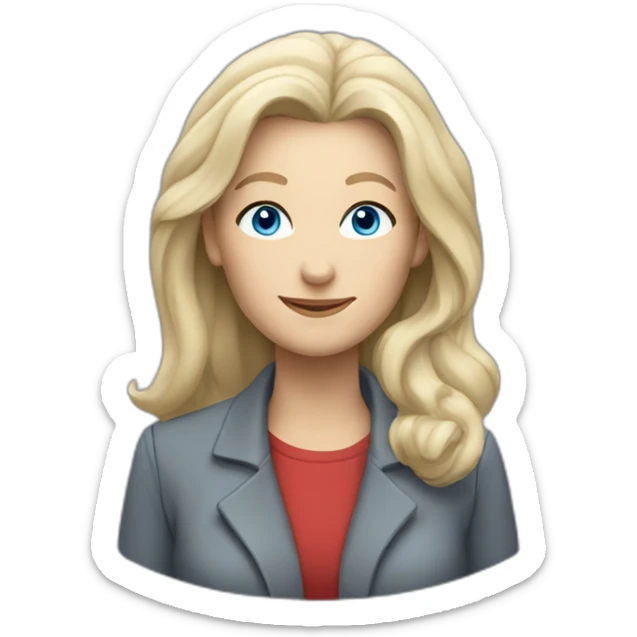 28 old women, white skin, long blond hair, blue eyes, red shirt in a gray jacket sticker