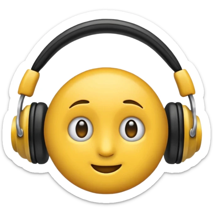 Ein gelber runder Emoji der die Augen geschlossen hat. Total im moment. Glücklich, leichtes lächeln. Verträumt. Leichtigkeit. Freiheit. Overearkopfkörer auf und im hintergrund kleine musiknoten sticker