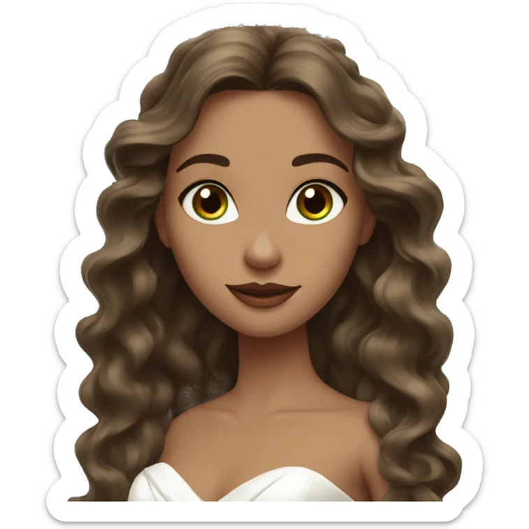 bride with brown long wavy hair, greenish-brown eyes an no veil sticker