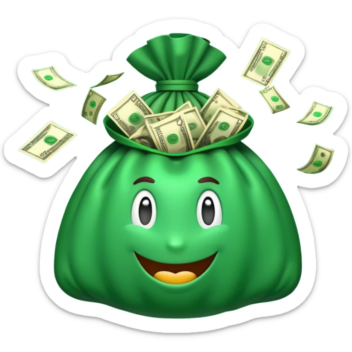 

3D emoji style, big bag of money, flying dollar bills, rich casino vibe, smooth lighting, high detail, clean edges, transparent background



 sticker