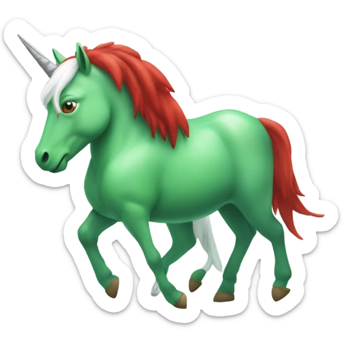 four-legged green unicorn white. a red amazon alien woman, on a unicorn sticker