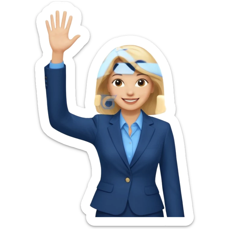 Make emoji of business woman with light skin and medium blonde hair in a dark blue business suit and light blue shirt waiving to new clients sticker