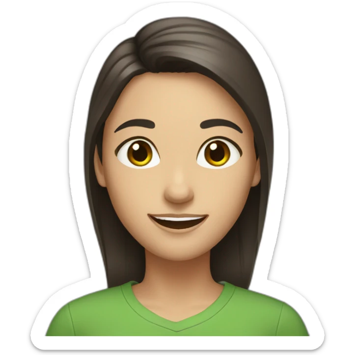 Woman with straight dark brown hair, brown eyes big smile, green shirt sticker