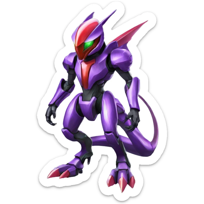 a shiny purple-green-red Genesect-Raptor-Fakémon—hybrid with a futuristic visor-helmet full body sticker