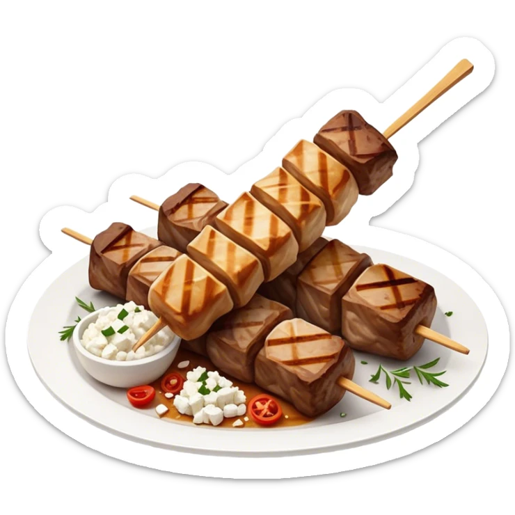 Souvlaki Cinematic Realistic Souvlaki Dish Emoji, depicted as skewered, grilled meat served with a side of crumbled feta cheese, rendered with rich textures and dynamic, appetizing lighting. sticker