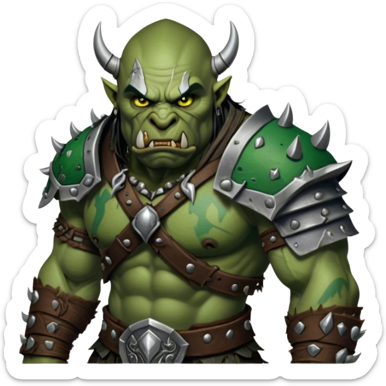 Cinematic Realistic WoW Orc Warrior Portrait, depicted with battle-scarred, rugged green skin and a powerful, muscular build that radiates primal strength. Clad in intricately detailed tribal armor accented with dark leather and iron embellishments in deep, earthy tones, his fierce eyes and determined expression exude honorable might. Rendered with lifelike texture and dramatic natural lighting, high shine, noble and formidable, capturing the essence of a legendary orc champion. sticker