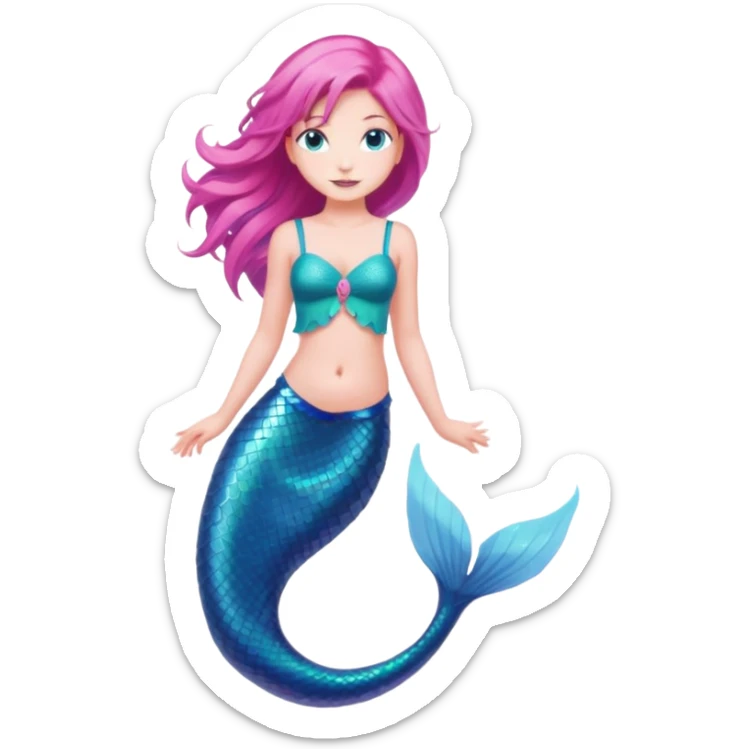 full length mermaid with pink hair, blue eyes, turquoise green tail sticker