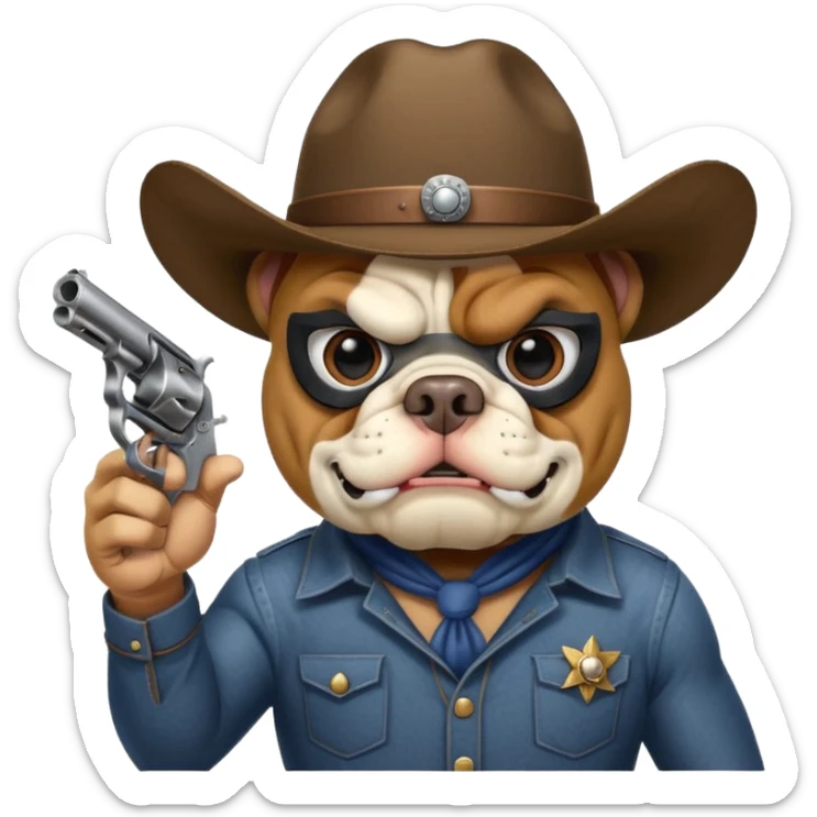 A bulldog wearing a cowboy hat, wearing a mask, pointing a revolver at you and telling you to hand over your money. sticker
