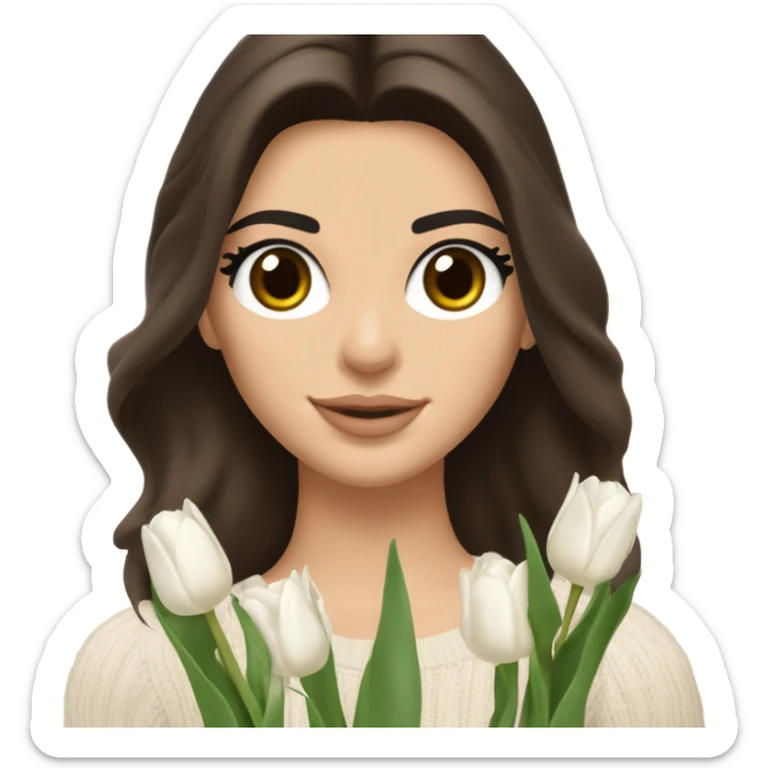 brunette Kendall Jenner with with body soft and long and brown hair her eyes brown and Holding a bouquet of white tulips Her hair is wavy and shiny With brown sweater just one  sticker