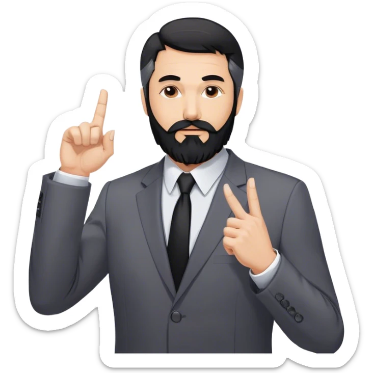 Emoji-style cartoon man, 50s, black beard with gray streaks, wearing a business suit. Raises right index finger upward (↑) to signal 'attention!' Simple design, bold lines, minimal details. Looks Дмитрий Шумейко sticker