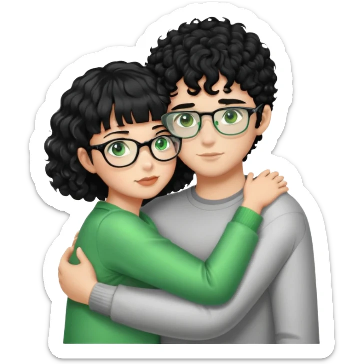 A boy with black curly hair and short hair on the side with green eye and metallic glasses which is hugging a girl with black hair with bang and black eyes  sticker