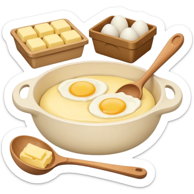 A cream ceramic baking bowl with a wooden spoon in it, a carton of eggs and butter sticker