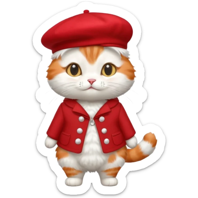 A cute cat emoji, full body, standing in side view, wearing a stylish red beret. sticker
