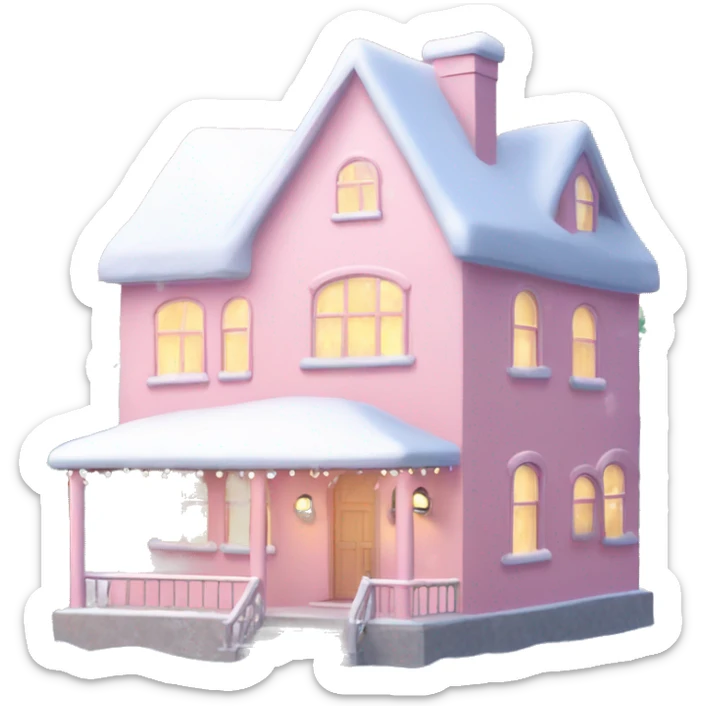 Pastel pink house with snow and Christmas lights and Christmas trees￼ sticker