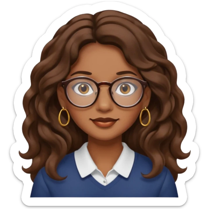 Women brown eye and brown long wave hair with glasses and circle earing sticker