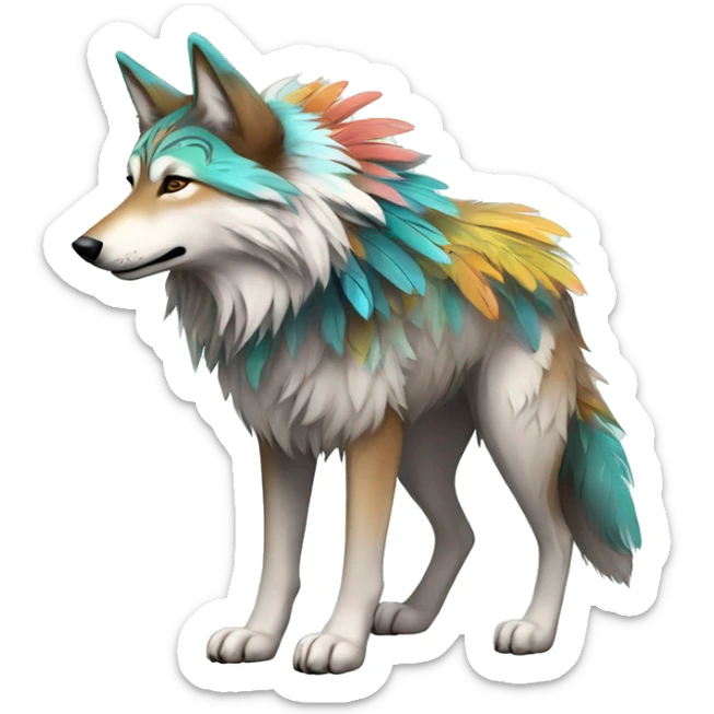 Fluffy Shy Colorful Spiritual Shamanic Wolf With Shiny Tribal Markings wearing feathers Full Body sticker