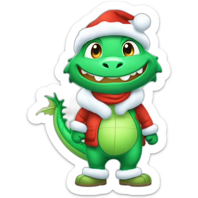happy little green cartoon dragons of child in winter, in work pants, in work clothes, in winter boots, in a Santa Claus hat, New Year sticker