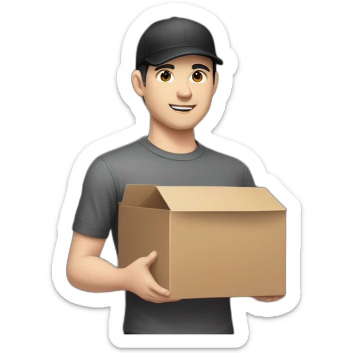 Pale skinned Man with black hair in a black cap and dark gray polo T-shirt keeping a box into his hands sticker