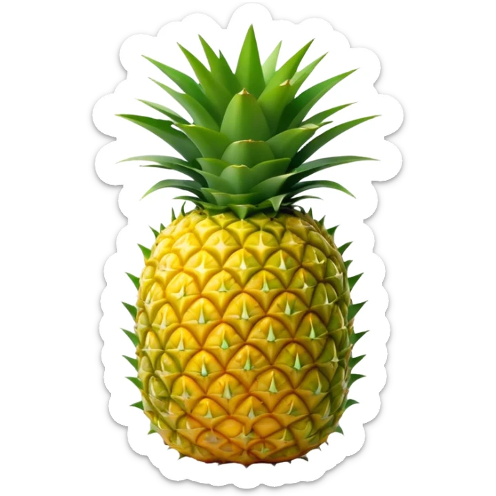 Cinematic Realistic Pineapple Emoji, Tropical and vibrant, with a golden-yellow textured skin and a crown of spiky green leaves on top. The body of the fruit is sharply geometric, its surface rich with natural patterns. Soft glowing outline, capturing the essence of exotic sweetness and tropical flair in a fresh pineapple! sticker