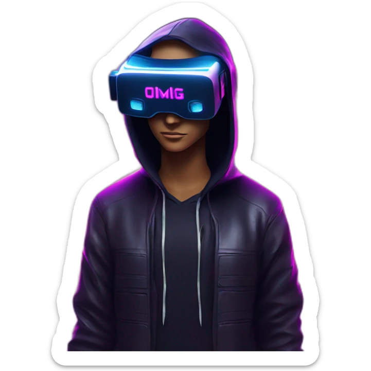 Donald Trump wearing a black hoodie with "OMG" letters on it and VR headset in a cyberpunk VR environment with violet neon lighting. sticker