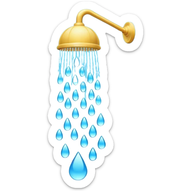 "A clean emoji icon of a shower with a rainfall head running with blue water falling downward in streams, minimal flat design, bright and refreshing colors, transparent background" sticker