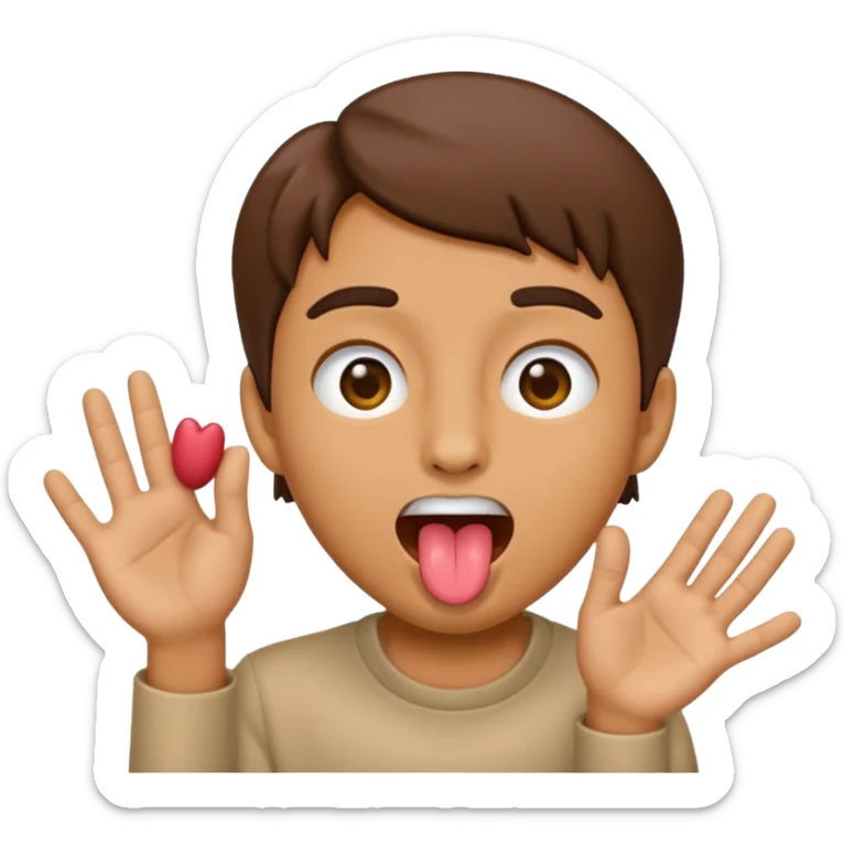 Make an emoji of a to hands scooping to the side of a face with a tounge sticking out sticker