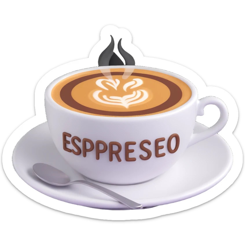 A cup of coffee with the word “Espresso” written on the foam, close-up, warm lighting, simple background sticker