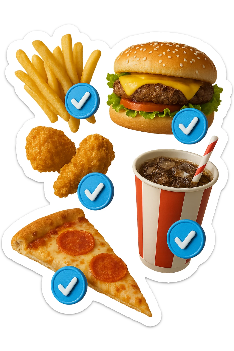 fast food realistico fluttua in aria insieme a spunte di verificato in 3d sticker