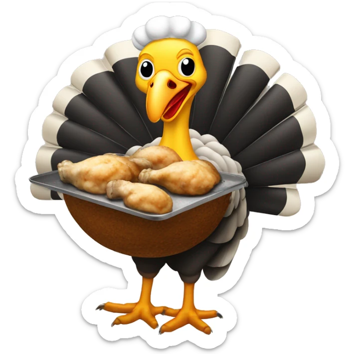 Turkey holding burning slice of black toasted bread and pan of oysters sticker