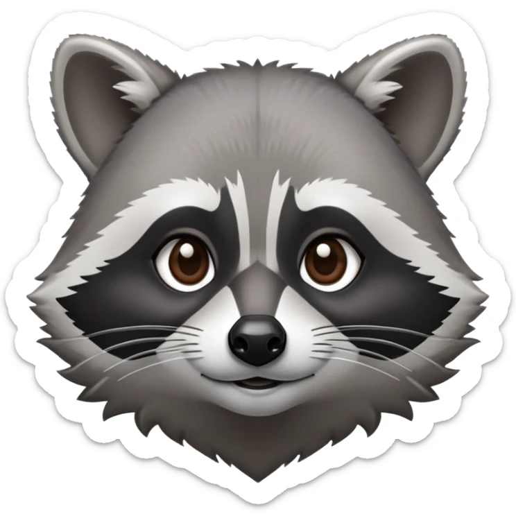 Cinematic-Noble-Raccoon-Portrait-Emoji – Poised and confident, with a sturdy build and a beautifully textured fur of silver-grey accented by dark black facial markings, deep-set, intelligent brown eyes, simplified yet sharp and sophisticated. sticker