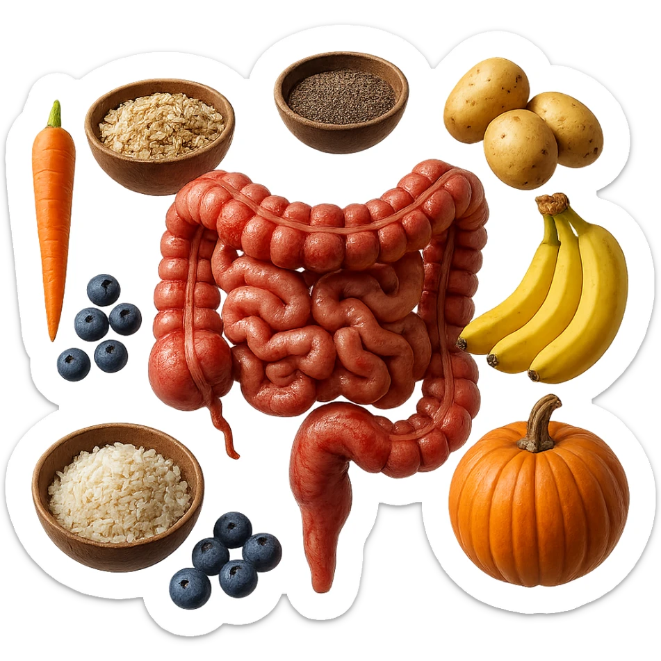 intestino umano anatomico infiammato con carota, bowl di avena, mirtilli, bowl di semi di chia, patate, banane, zucca, bowl di riso che gli fluttuano intorno , iperrealistico 4k sticker