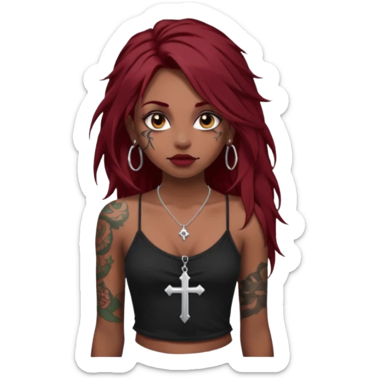 generate an ios genmoji of a dusky girl with long dark red messy hair with eyeliner on her eyes.  septum piercing, wearing a cami black top, has tattoos, on shoulders. ear piercings. wearing a cross silver necklace. carrying a big roll of fabric  sticker