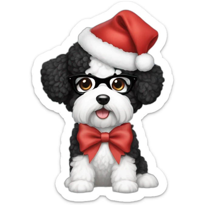 woman-black hair-bow-glasses-bichon dog-sitting-christmas hat sticker