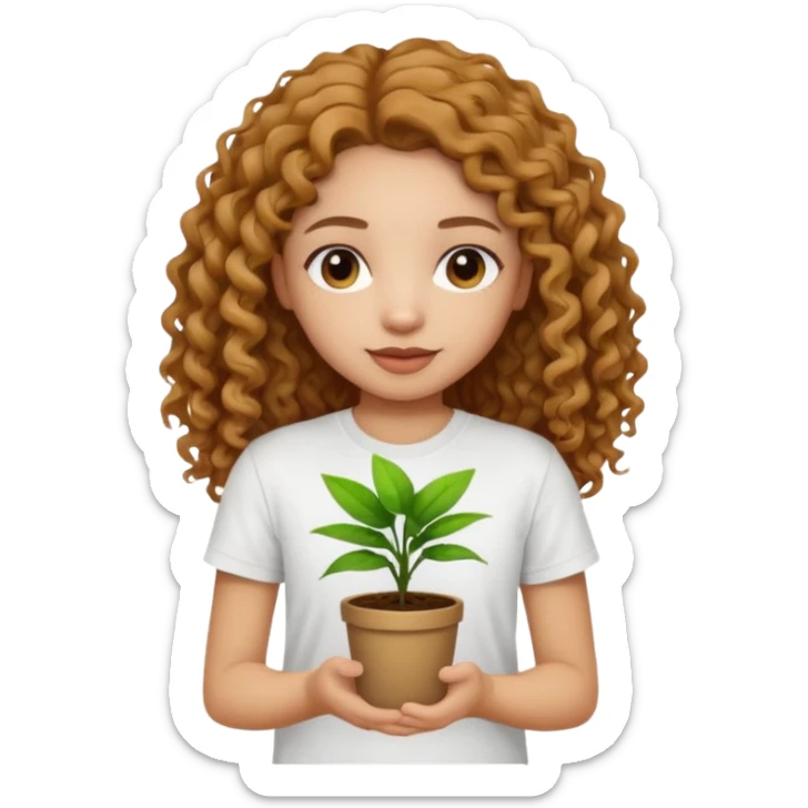 Girl with long light brown curly hair and white t-shirt with plant on hand sticker