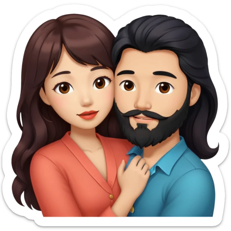 handsome asian man with long black hair and beard, hugging cute tan skin woman with long wavy reddish brown hair with bangs and coral lipstick sticker