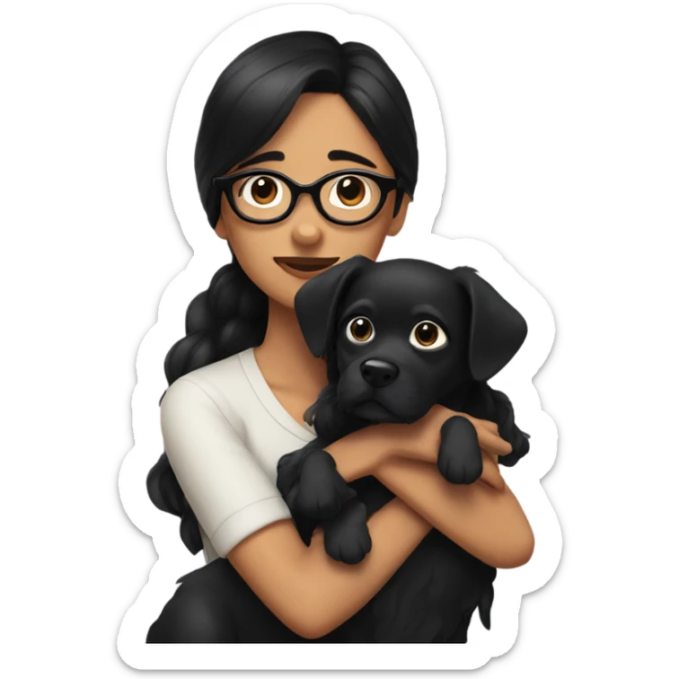 girl with black hair and black glasses huging 3 black dogs sticker