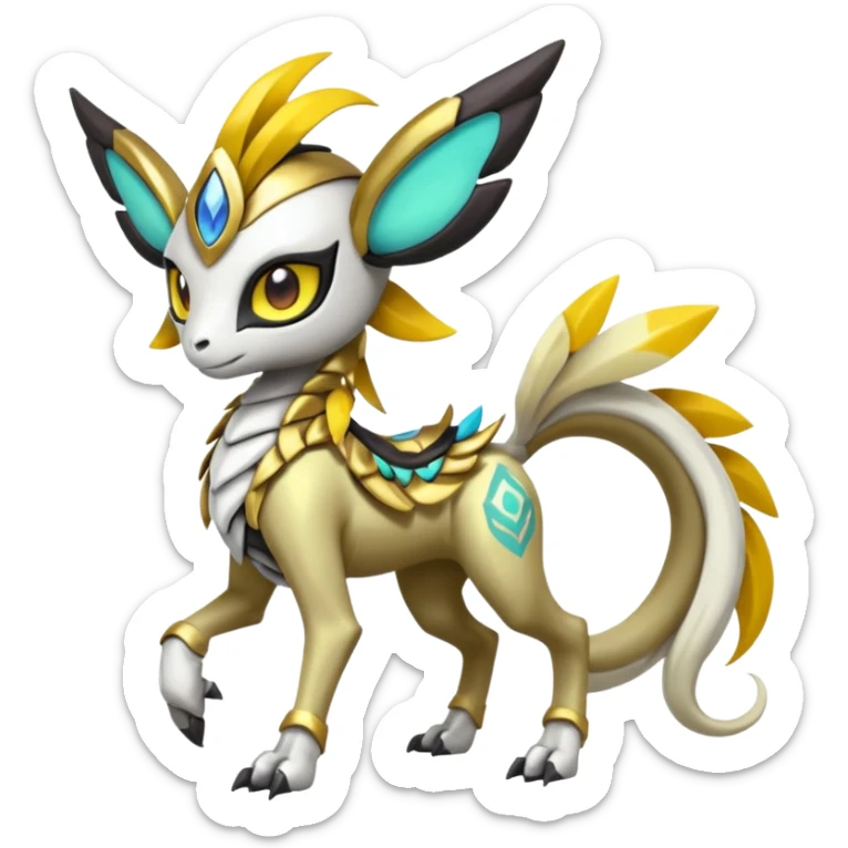 Cute Baby Colorful Shiny Tribal Skeletal masked armored Meloetta-Silvally-Solgaleo-Raikou-Pokémon-Digimon-Fakémon-fusion-hybrid-creature, full body sticker