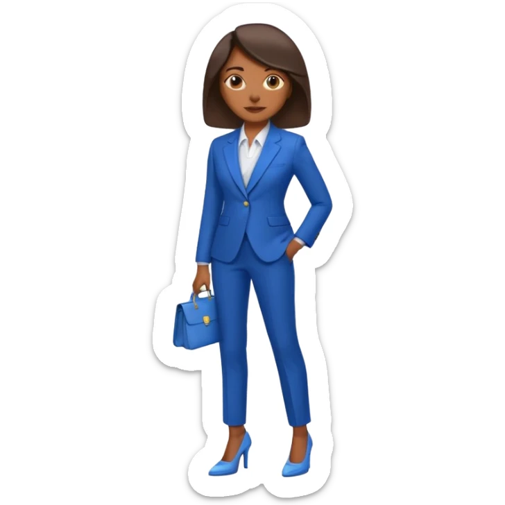 black woman in a blue smart suit and shoes, professional, confident, full body, emoji style sticker