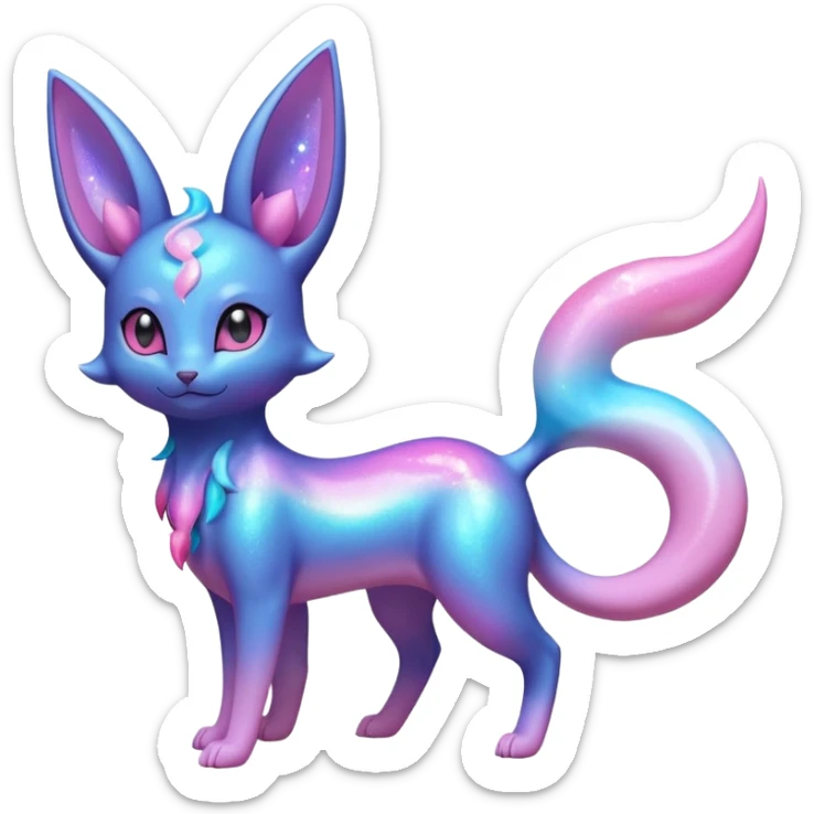 Shiny Iridescent Nebulae Espeon-Umbreon-Sylveon-Fakémon-hybrid-creature (full body)  with a galaxy-dust-flowing-gradient-tail sticker