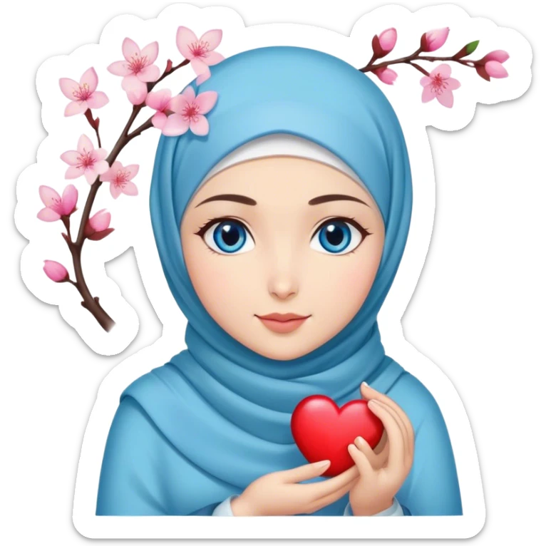 Turkish beautiful finish Konya girl blue eyes with cherry blossom flower design hijab and hold heart in her hand  sticker