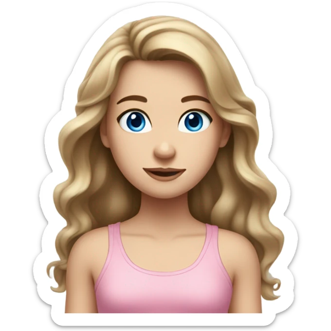Brown long wavy hair pretty white skin pink tank top girl blue eyes  sticker