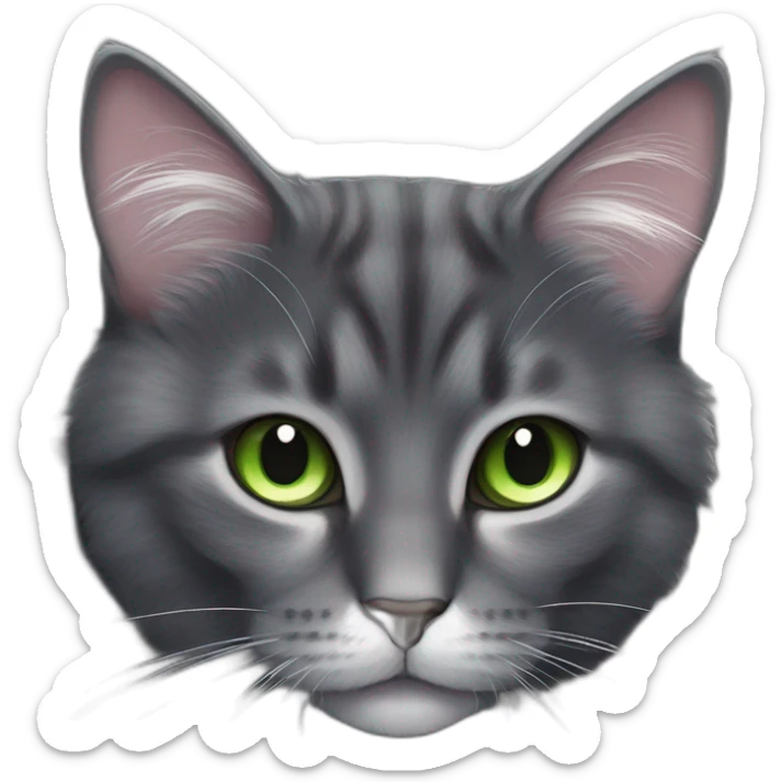 fluffy dark grey cat with pinknose, green eyes and white long whiskers, near the nose there are white spots sticker