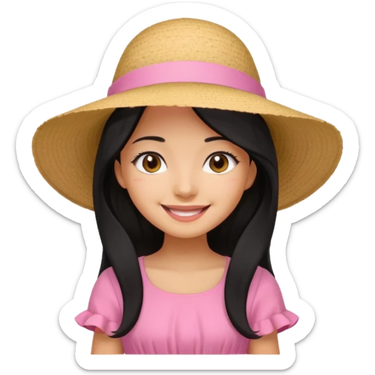 Girl in pink dress and sunhat smiling, black 2 string dress, blakc hair sticker