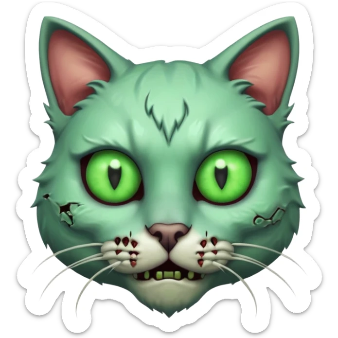 zombie cat portrait, head and shoulders only, pale fur, cracked skin patches, eerie glowing eyes, mischievous undead vibe, 3D cartoon, mobile game icon style, clean background, no text, no watermark
 sticker