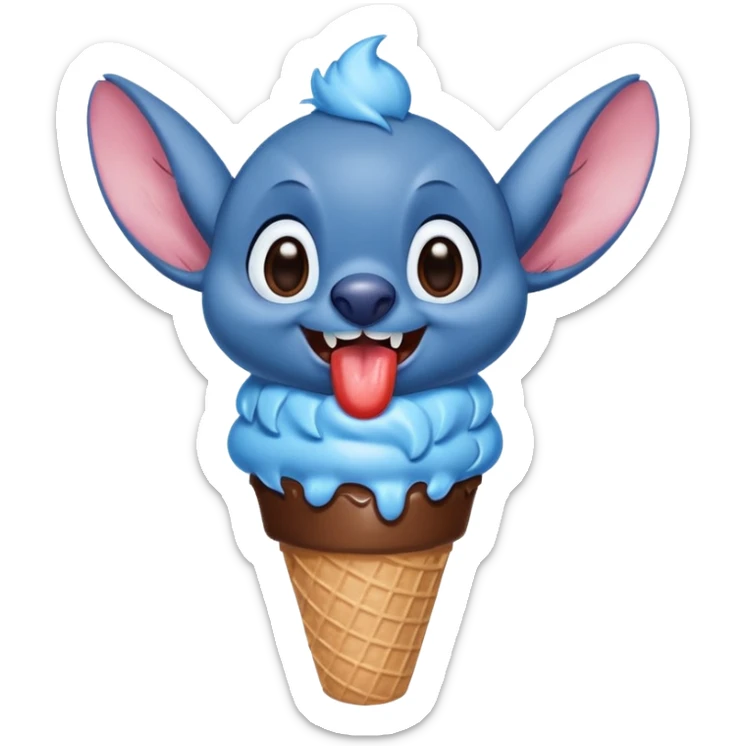 The Disney creature stitch happily licking a chocolate ice cream cone with his full body showing sticker