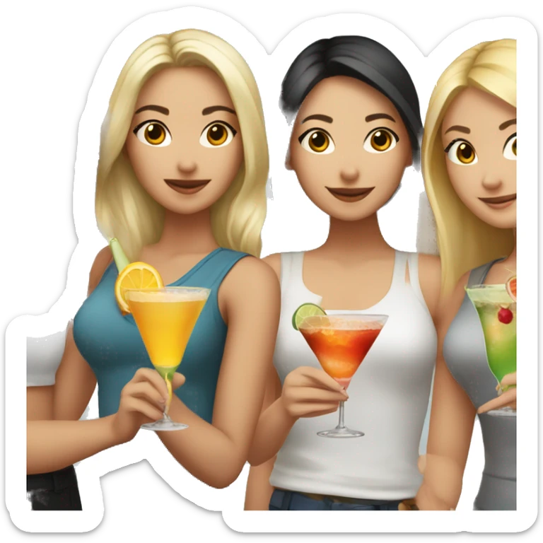 A blonde girl, another blonde girl, an Asian girl and a brown haired girl holding cocktails  sticker