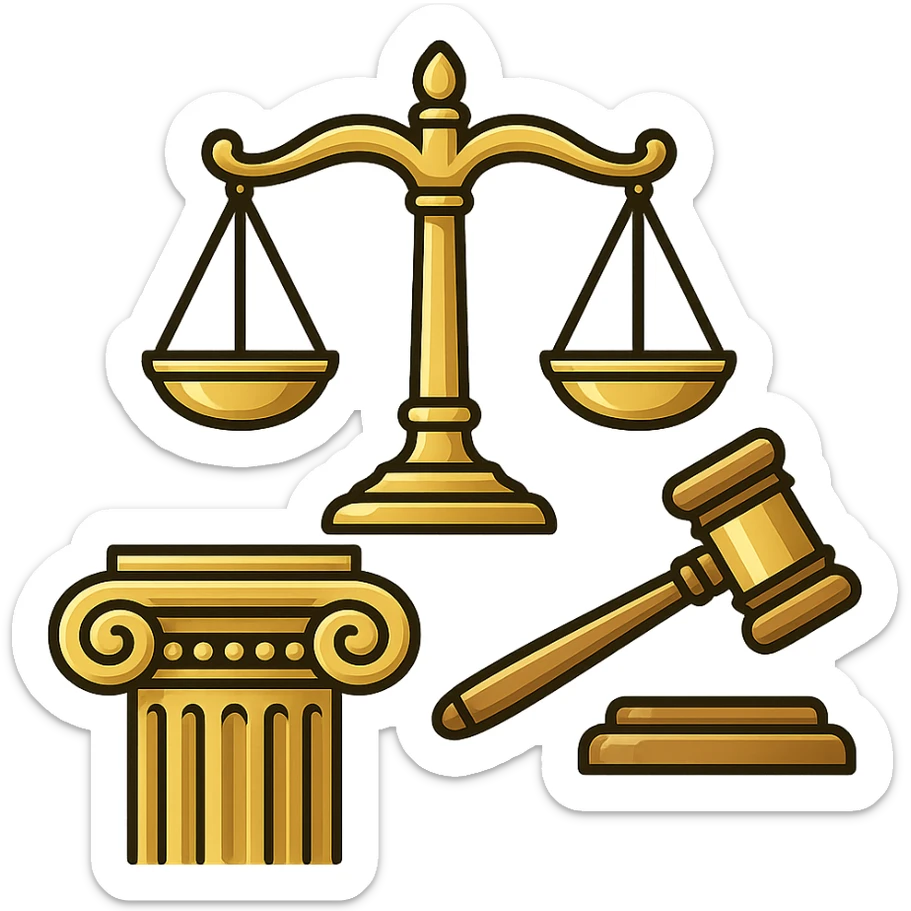 Vector illustration of a classic symbol of law (e.g. scales of justice, gavel, courthouse column), designed with elegant and refined lines. Include intricate golden detailing, soft gradients for a polished metallic look, and realistic shadows and highlights for depth. Style should be clean and professional, with a modern yet timeless feel. Transparent background sticker