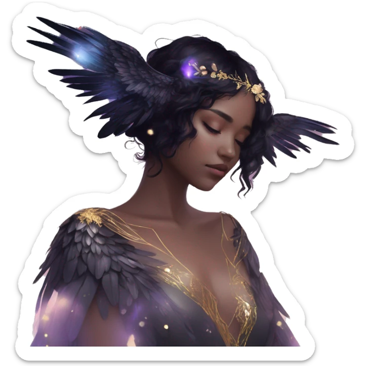 Black Raven wings bohemian girl Ethereal iridescent galaxy constellation girl angel raven wings black wings, gold arrow, nebula, flower crown, fairy lights, nature, shot by golden arrow sticker