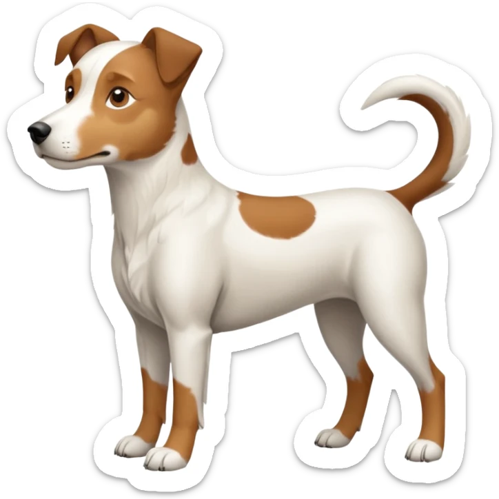 a full body large white parson russell looking dog the size of a kelpie with light brown flapped down ears and a light brown patch on one eye and a large snout sticker